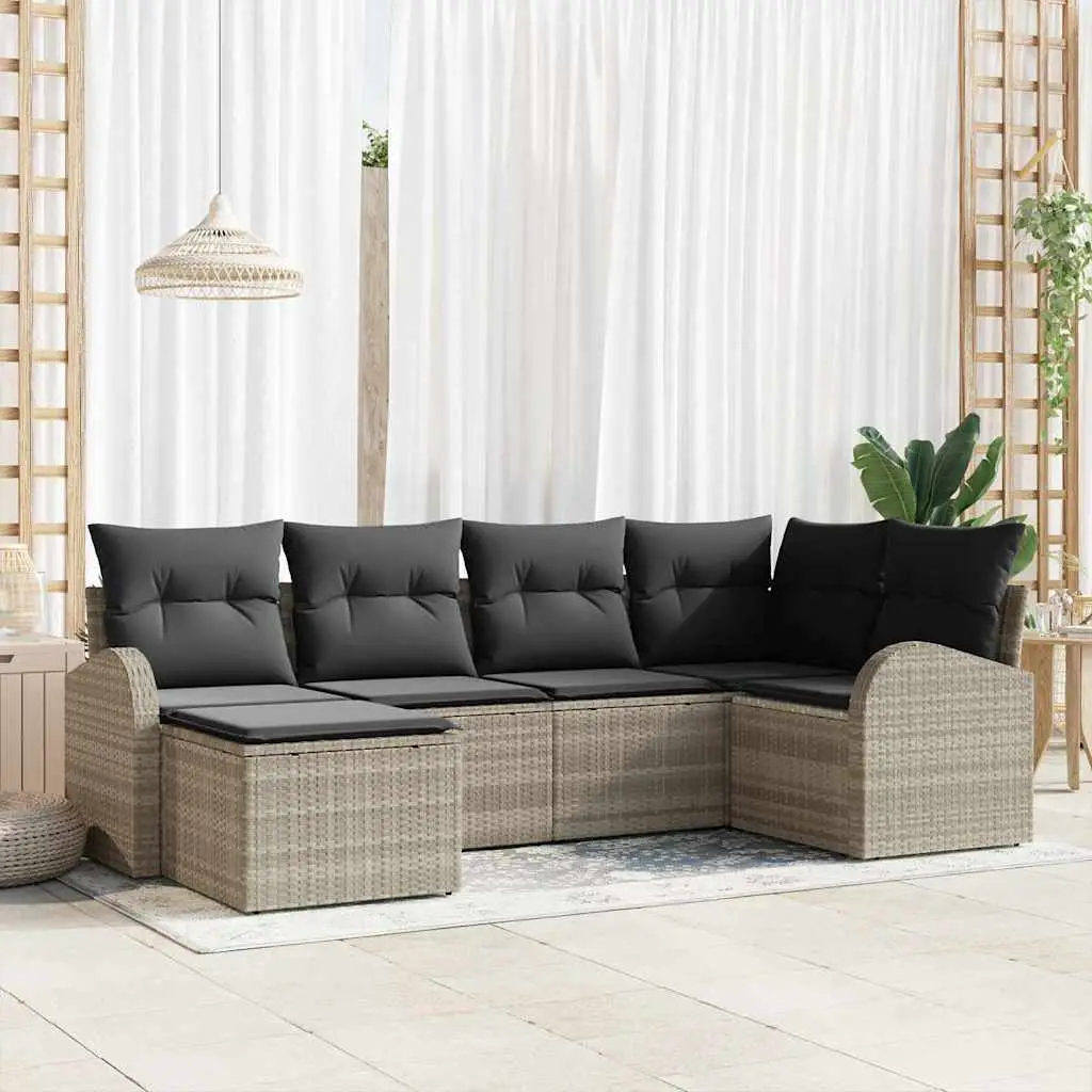 Ensemble de Jardin 6 Places en Polyrotin Modulable avec Pouf pour Terrasse Gris Clair – ComfortXL Outdoor Living