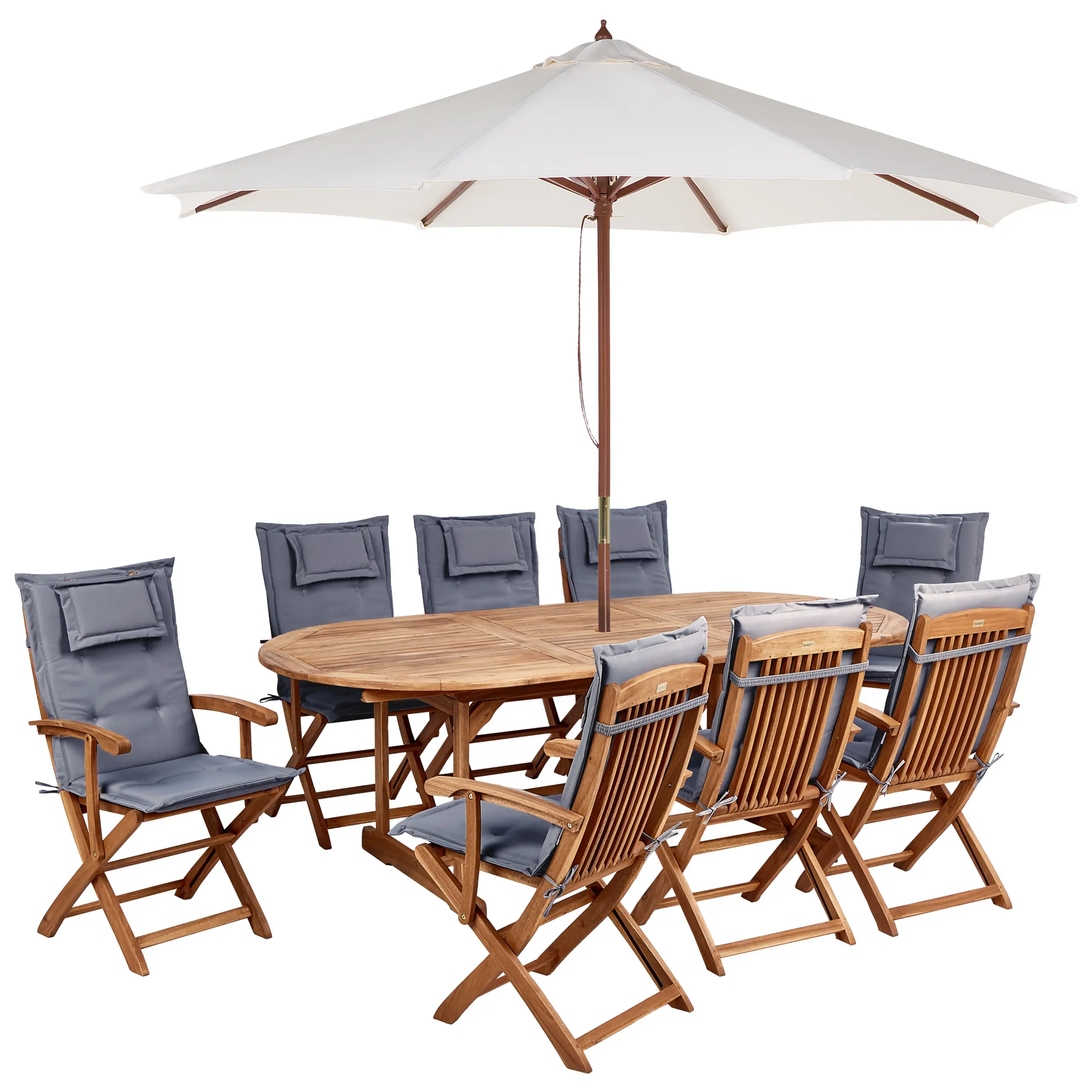 Ensemble de Jardin avec Coussins Gris Graphite en Bois d’Acacia Table et Chaises et Parasol 8 Places Style Rustique