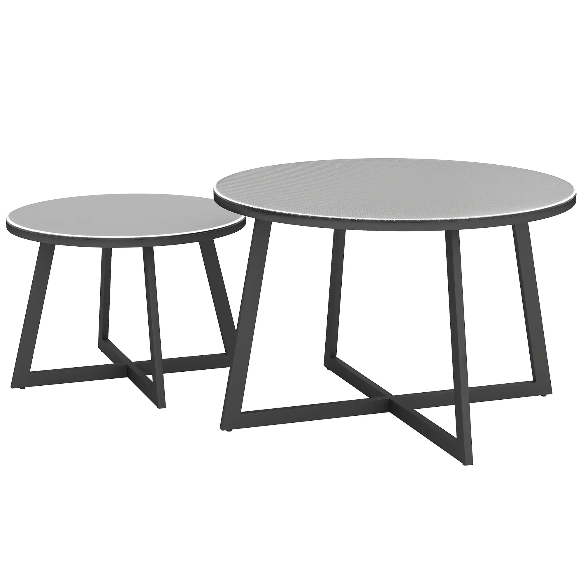 Ensemble de 2 tables d’appoint rondes empilables en acier plateau verre, pieds en X résistants aux intempéries jardin balcon noir et gris