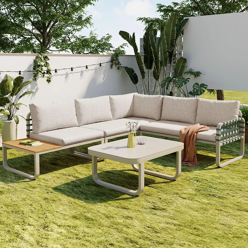 Ensemble de meubles de jardin en rotin en cuir vert (4-5 places), y compris tous les coussins d’assise et les coussins, couleur abricot