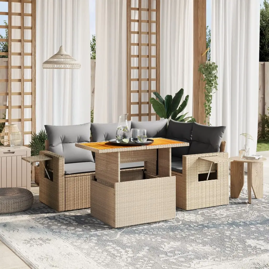 Ensemble d’Extérieur 5 pcs Résine Tressée Beige Coussins Gris Clair – ComfortXL Outdoor Living