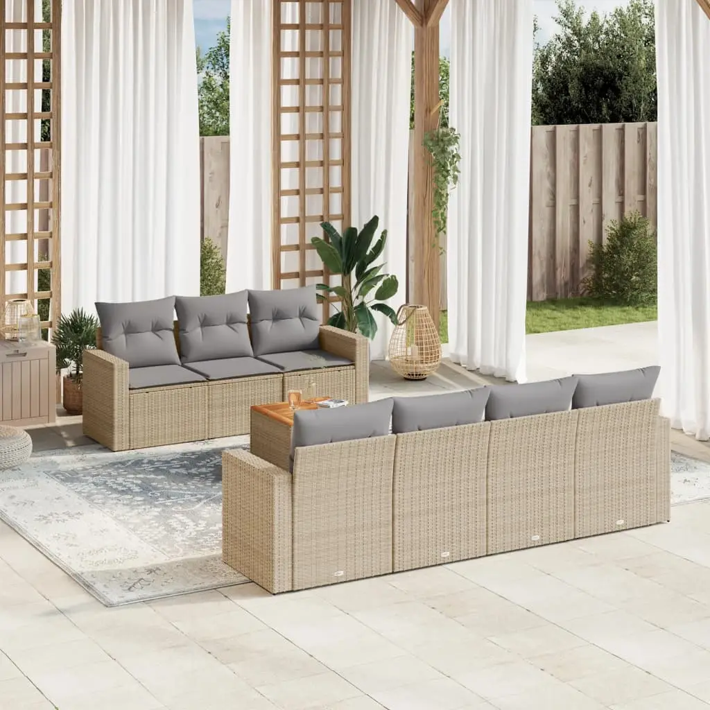 Ensemble de jardin 7 personnes en poly rotin table acacia modulable pour extérieur Beige coussins gris – ComfortXL Outdoor Living