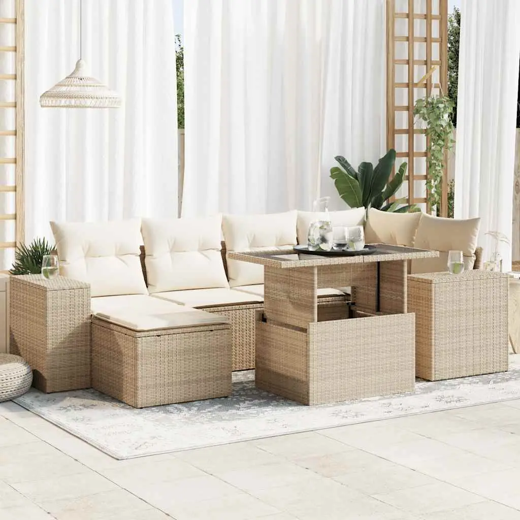 Ensemble de jardin 7 pcs résine tressée avec table relevable et coffres de rangement Beige – ComfortXL Outdoor Living