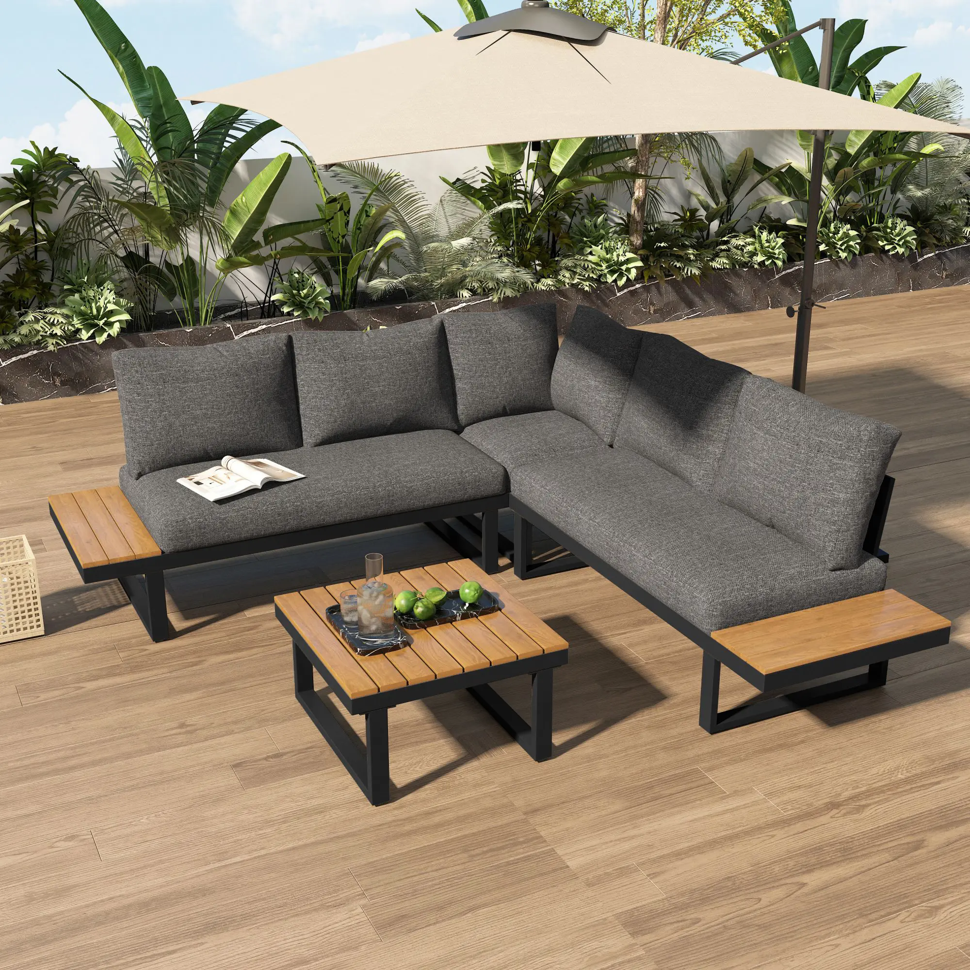 Ensemble de relaxation de jardin, position d’angle, chaise longue réglable (5 niveaux de réglage, max. 55°), avec table basse, gris + noir