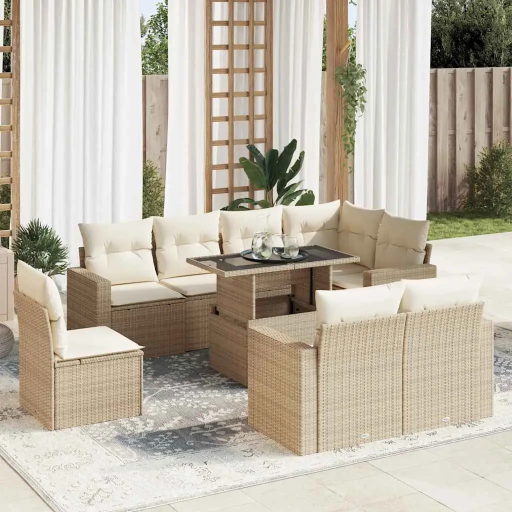 Ensemble Canapé de Jardin 9 pcs Résine Tressée Beige avec Rangement et Table Relevable – ComfortXL Outdoor Living
