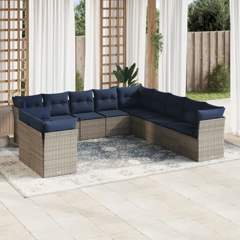 Ensemble canapés de jardin 11 places résine tressée modulable pour extérieur Gris avec coussins bleu marine – ComfortXL Outdoor Living