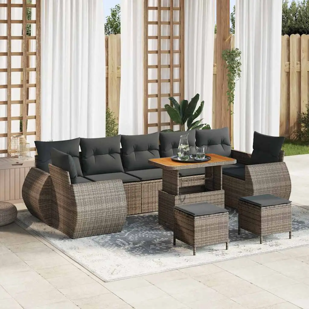 Ensemble de Jardin Complet 9 Places Gris, Salon Modulable en Résine Tressée et Bois d’Acacia, Hauteur Réglable – ComfortXL Outdoor Living