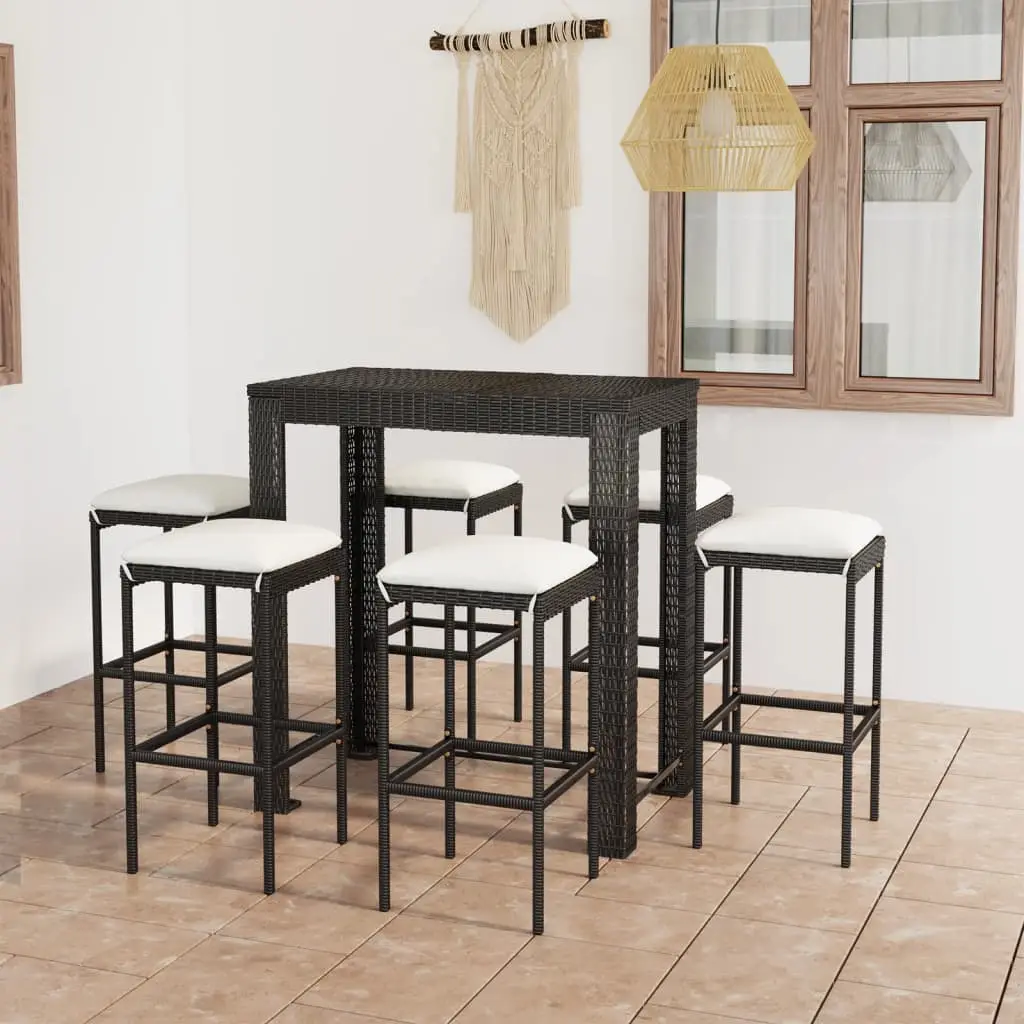 Ensemble de bar de jardin 7 pcs et coussins Résine tressée Noir vidaXL 3064784