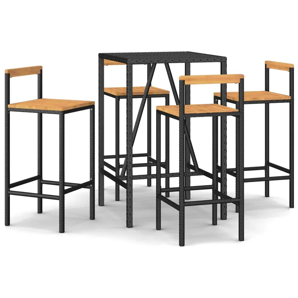 Ensemble de 5 pcs bar de jardin – Mobilier d’extérieur noir poly rotin/bois massif acacia-JU2175