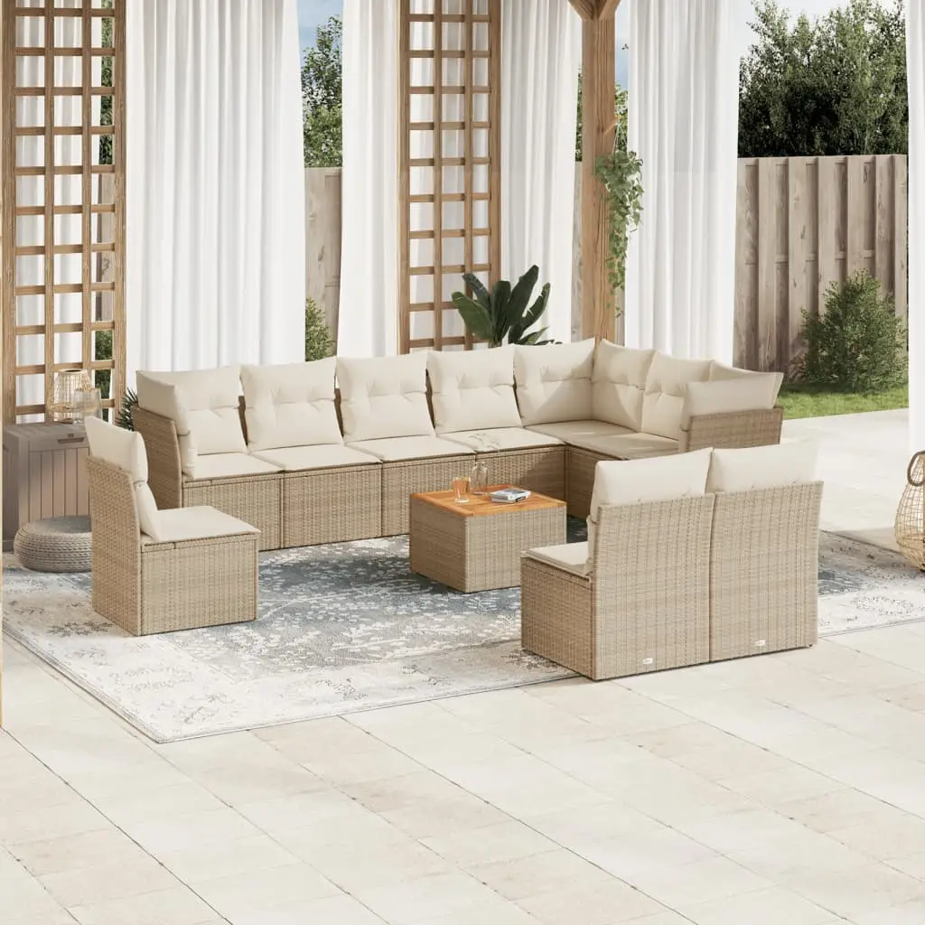 Ensemble d’extérieur 11 pcs poly rotin modulable avec coffre de rangement et table bois Beige – ComfortXL Outdoor Living