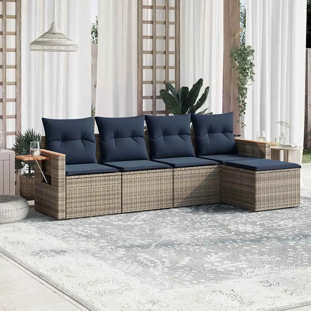 Ensemble Canapés d’Extérieur 5 Places Poly Rotin Gris Coussins Bleu Marine et Repose-pied – ComfortXL Outdoor Living