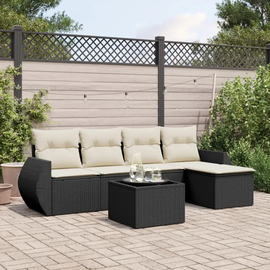 Ensemble canapé de jardin modulable 6 pcs en Poly rotin avec Repose-pied pour Balcon Noir et Coussins Crème – ComfortXL Outdoor Living