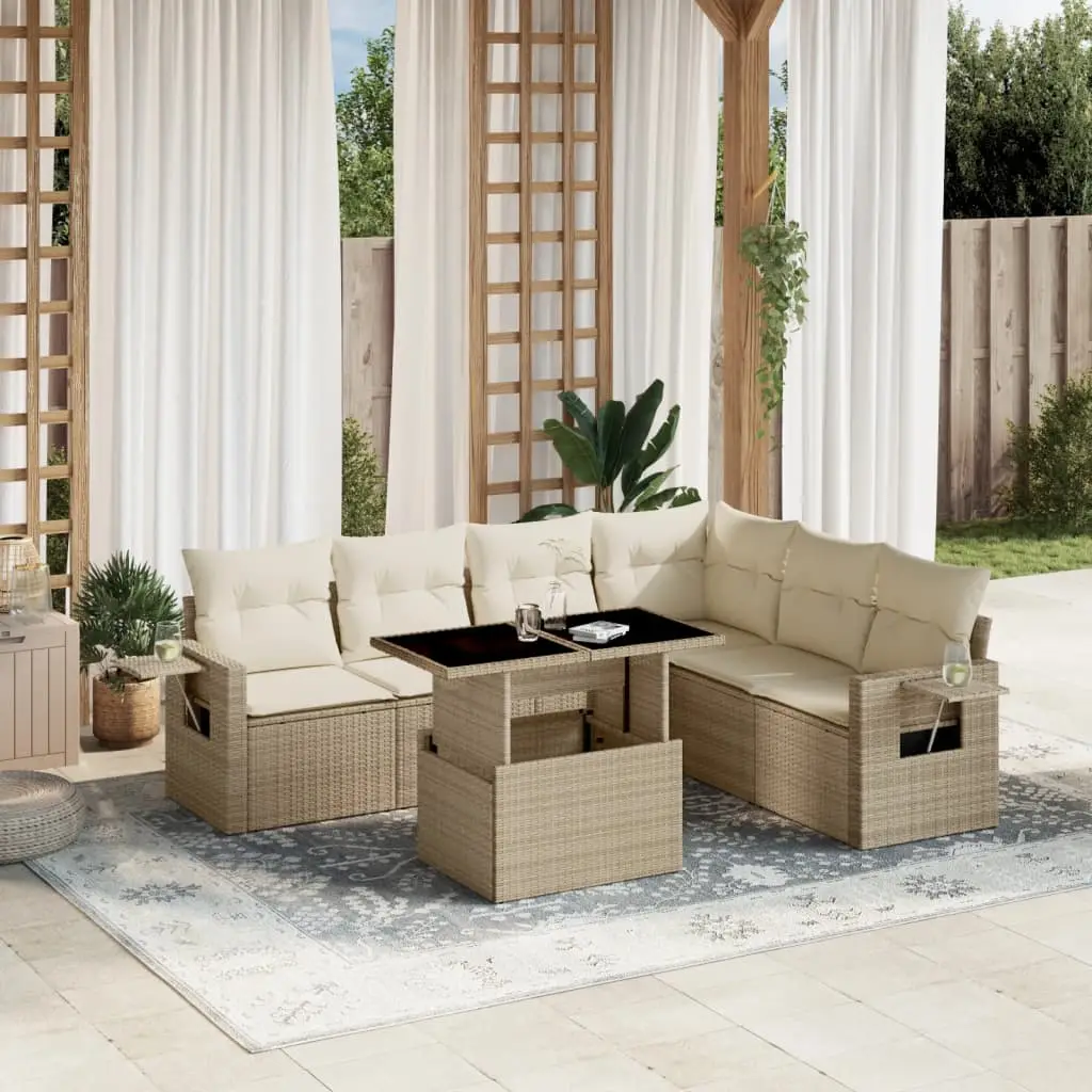 Ensemble de jardin 7 places poly rotin modulable avec table haute pour repas extérieur Beige – ComfortXL Outdoor Living