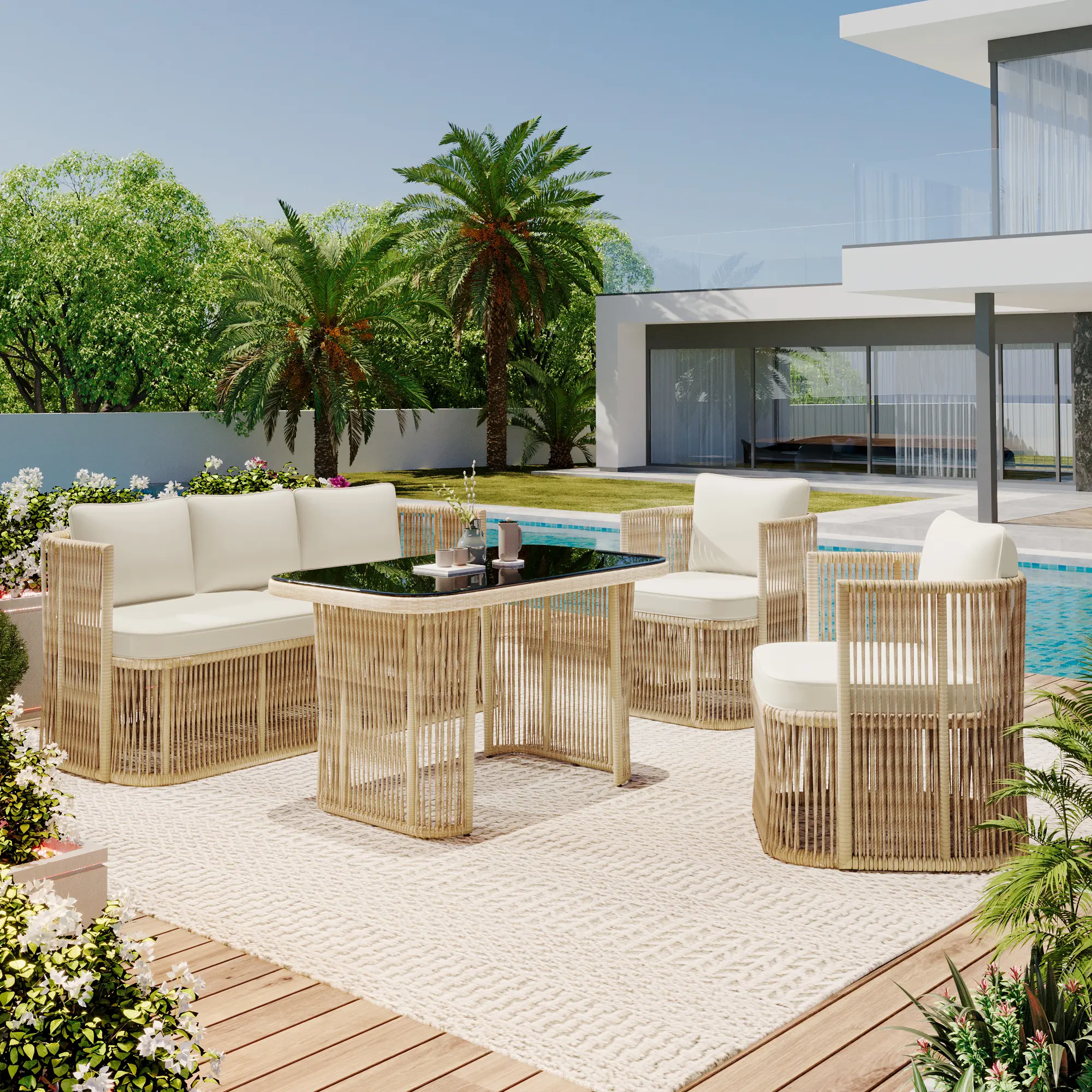 Ensemble de mobilier de jardin 5 pièces, rotin PE, avec coussins en polyester, structure en acier et plateau en verre trempé, beige