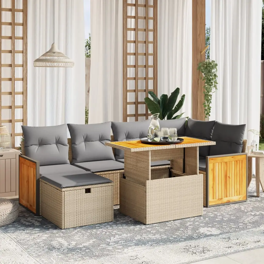 Ensemble de jardin 7 places poly rotin et bois d’acacia avec table modulable pour terrasse Beige – ComfortXL Outdoor Living
