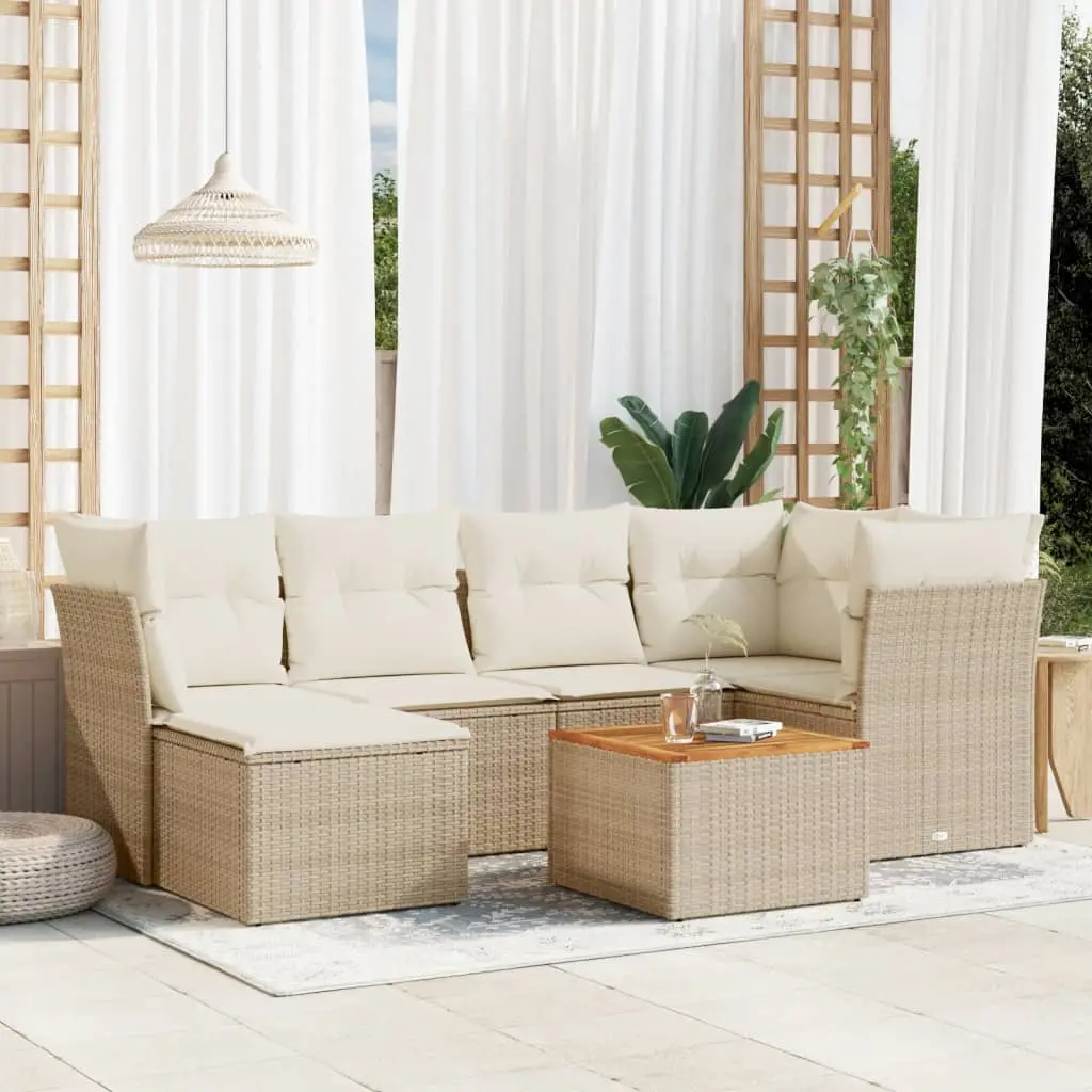 Ensemble de jardin 6 places résine tressée avec table bois et pouf modulable Beige coussins Blanc crème – ComfortXL Outdoor Living