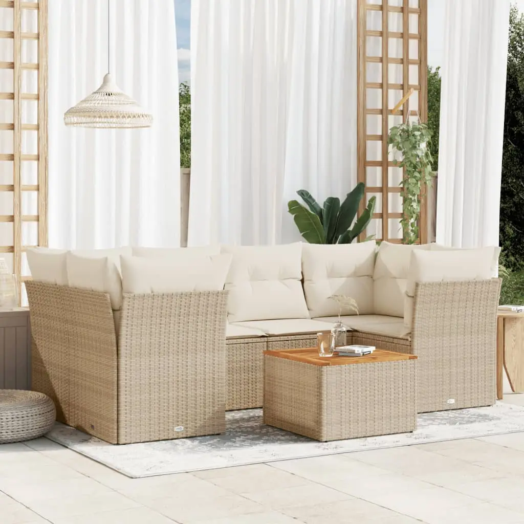 Ensemble canapé de jardin modulable 7 pcs résine tressée et bois pour balcon beige coussins crème – ComfortXL Outdoor Living
