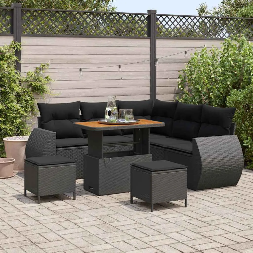 Ensemble de jardin 7 places en polyrotin avec table et 2 poufs pour terrasse Noir – ComfortXL Outdoor Living