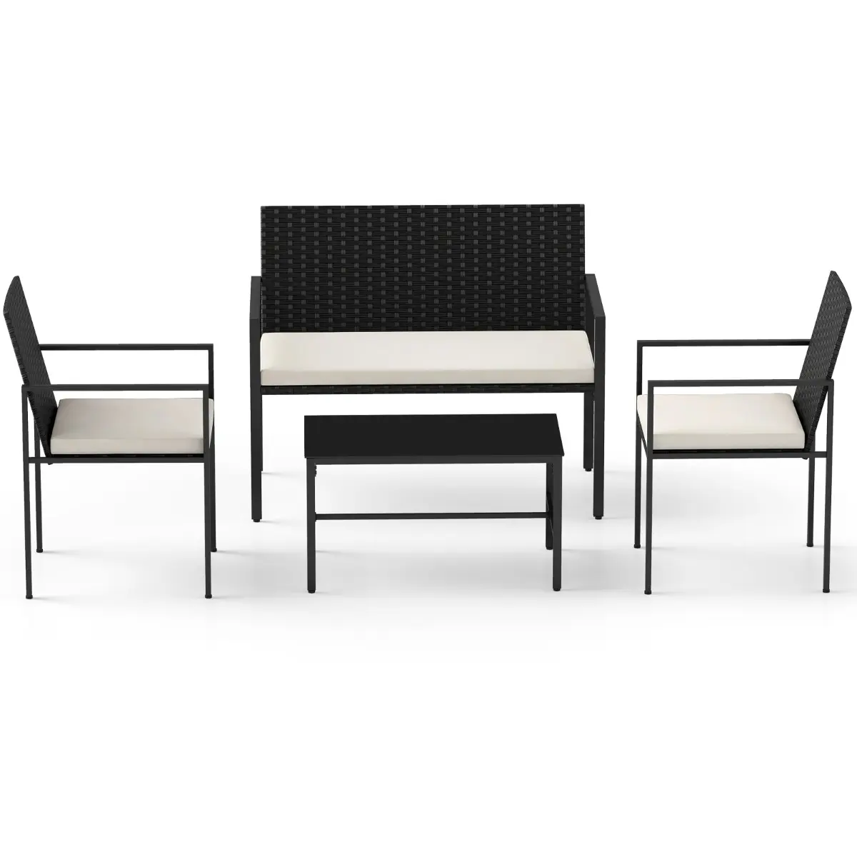 Ensemble de Mobilier de Jardin 4 Pièces Fauteuils et Canapé en Rotin Table Basse en Verre Coussins Beige MAISON CHIC