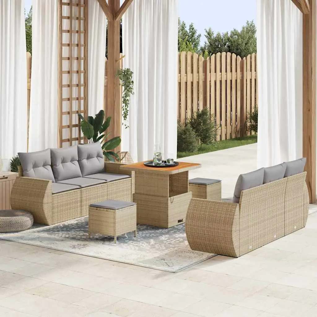 Ensemble de Jardin 8 Places 9 Pièces en Polyrotin Beige avec Table en Acacia pour Terrasse – ComfortXL Outdoor Living