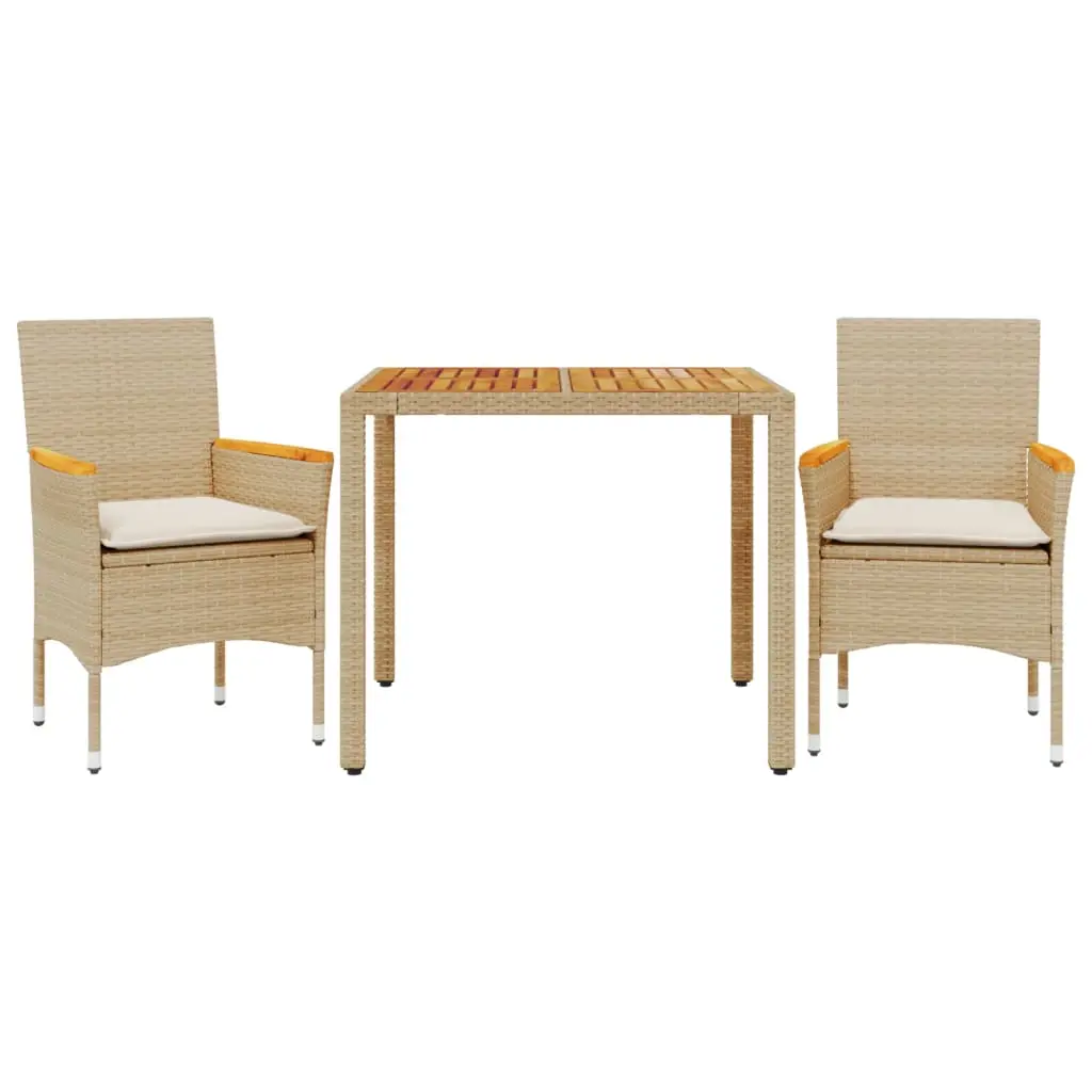 Ensemble de 3 pcs table de jardin et chaises avec coussins – mobilier de jardin beige rotin acacia-JU2582