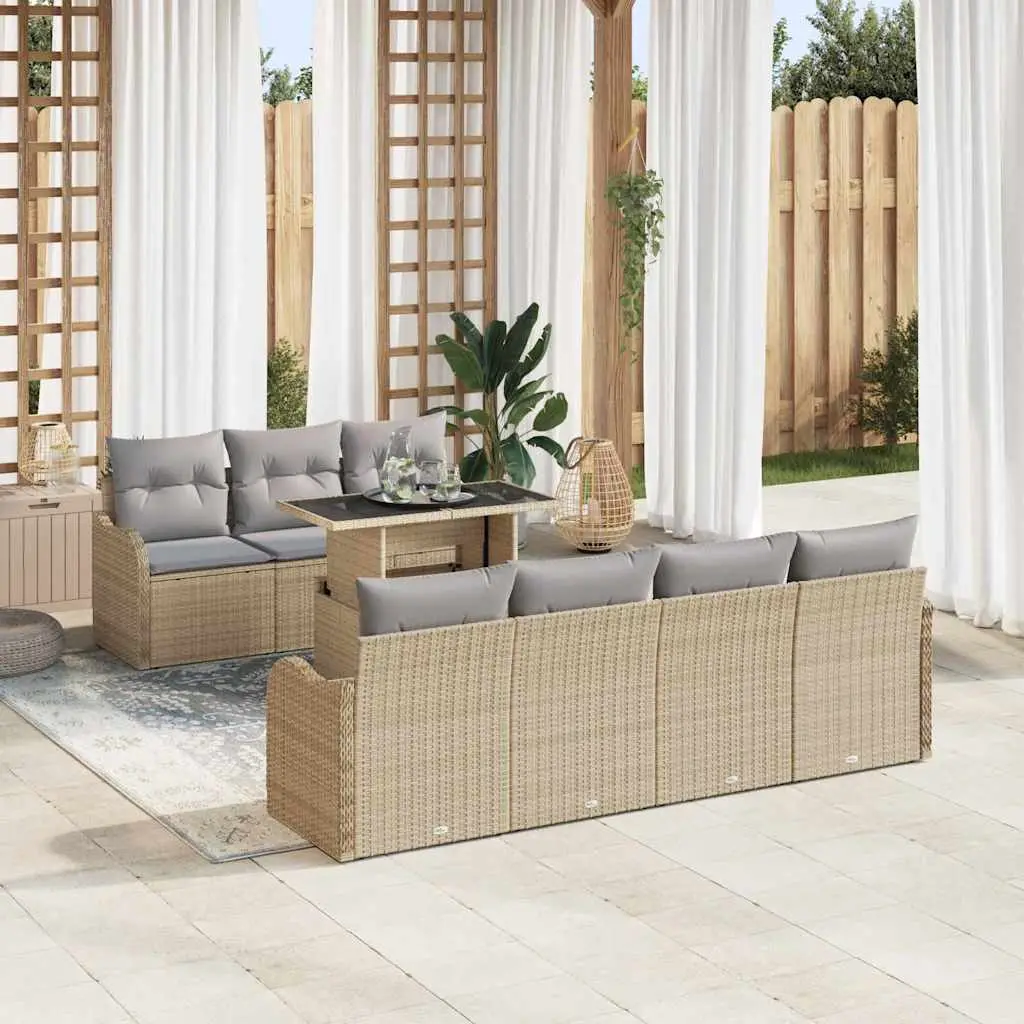 Ensemble de Jardin 7 Places en Résine Tressée Tissée Main Table en Verre Pour Repas Extérieur Beige – ComfortXL Outdoor Living