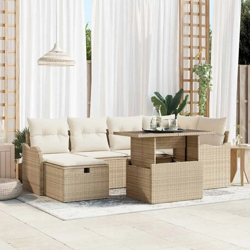 Ensemble de Jardin 6 Places en Résine Tressée Modulable avec Coffres de Rangement et Pouf Beige – ComfortXL Outdoor Living