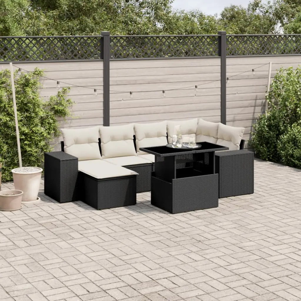 Ensemble de jardin 7 pcs avec pouf et table convertible résine tressée noir – ComfortXL Outdoor Living