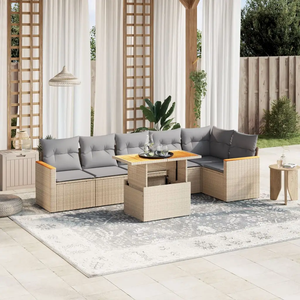 Ensemble de jardin 7 pcs résine tressée modulable avec table relevable Beige – ComfortXL Outdoor Living