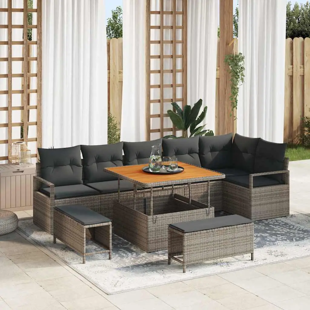 Ensemble Canapé de Jardin 9 Pièces Poly Rotin Tissé et Bois d’Acacia Gris – ComfortXL Outdoor Living