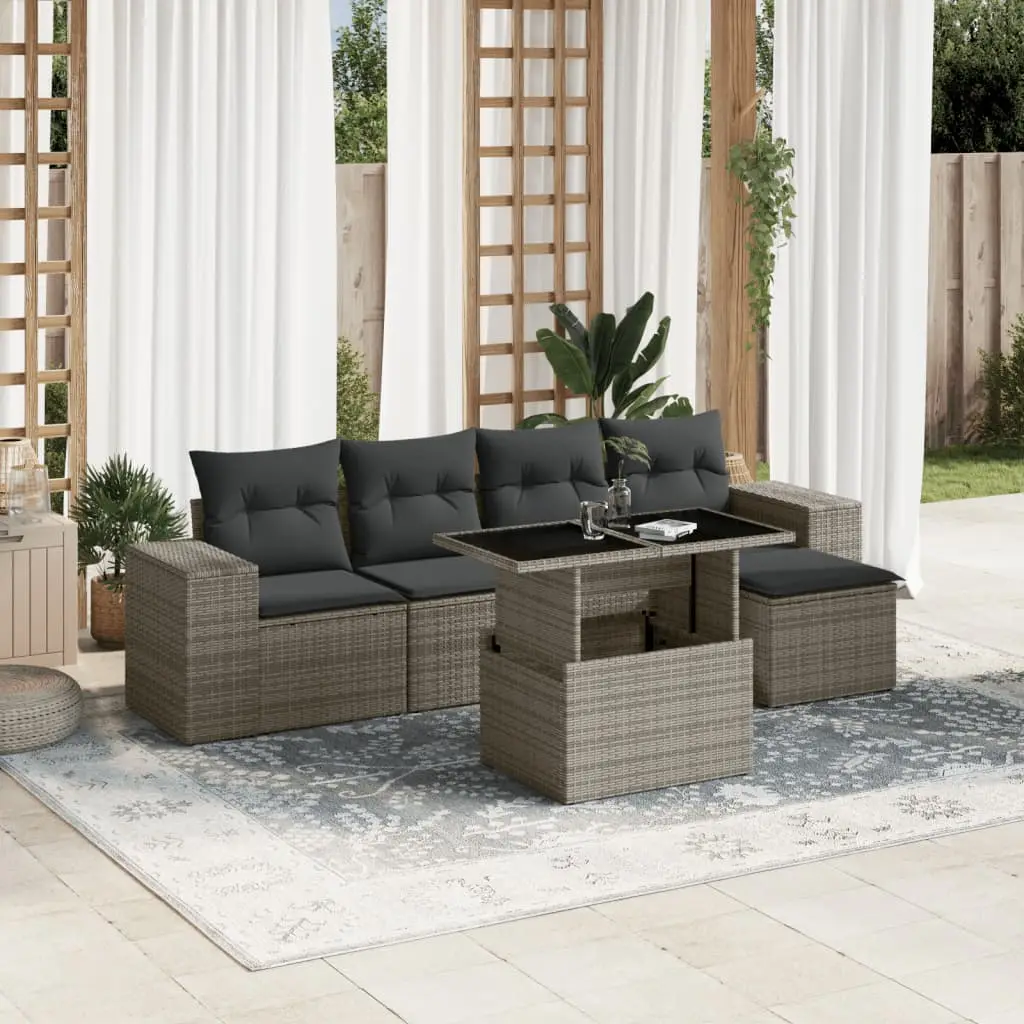 Ensemble de jardin 6 places en résine tressée table relevable et repose-pied gris – ComfortXL Outdoor Living