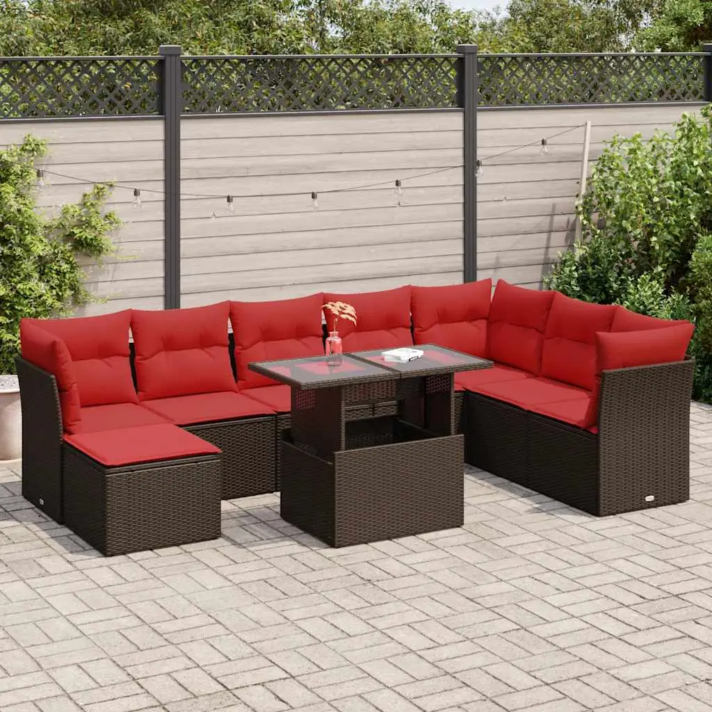 Ensemble de Jardin 9 Pièces Poly Rotin Marron avec Rangement et Coussins pour Balcon – ComfortXL Outdoor Living