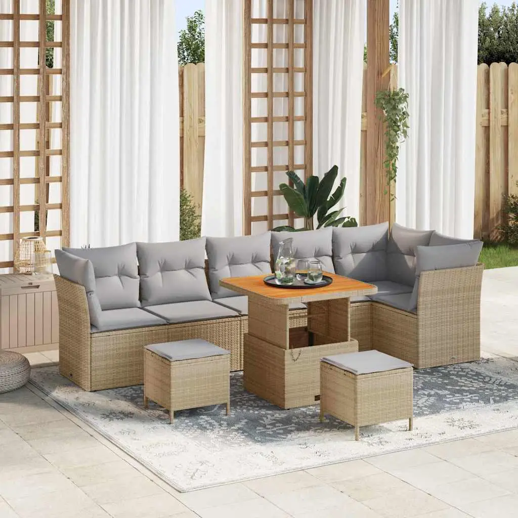 Ensemble de canapés 9 pcs polyrotin beige et bois d’acacia pour 8 personnes – ComfortXL Outdoor Living