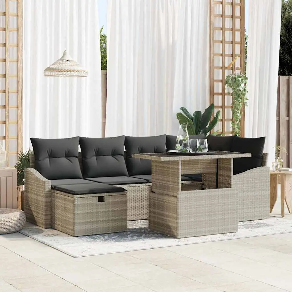 Ensemble de jardin 7 pcs 6 places en poly rotin modulable Gris clair – ComfortXL Outdoor Living
