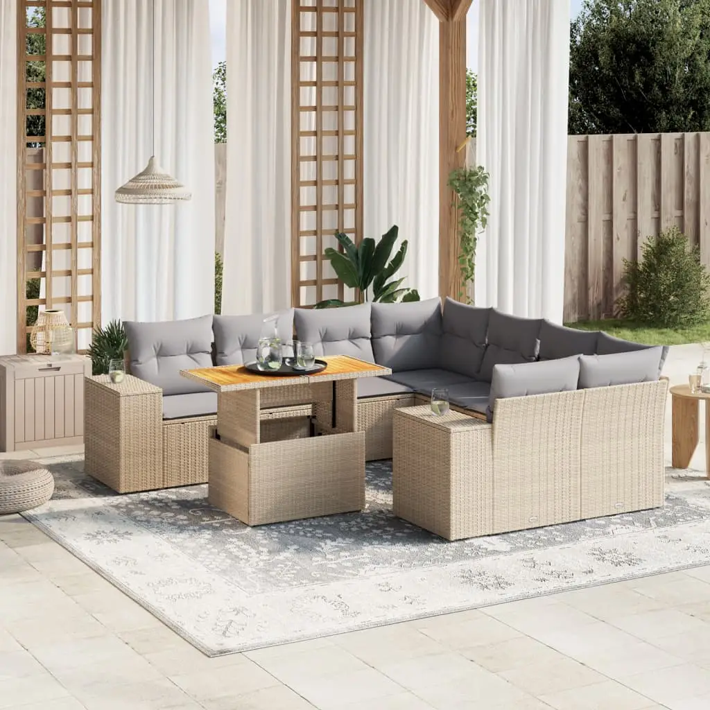 Ensemble de jardin 9 pcs en poly rotin Beige salon modulable avec table convertible – ComfortXL Outdoor Living