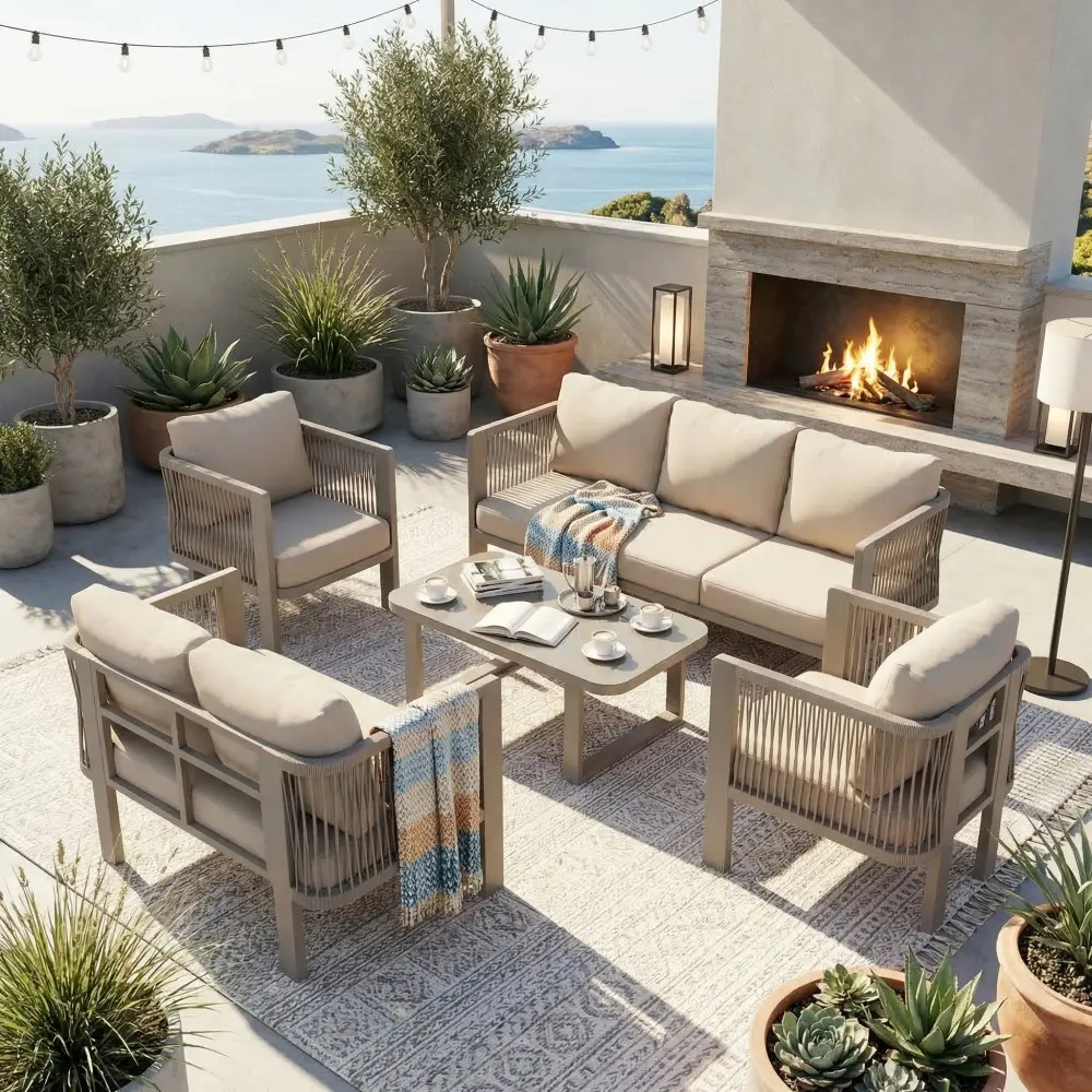 Ensemble de mobilier de jardin (5 pièces), plateau en verre, osier tressé, couleur kaki