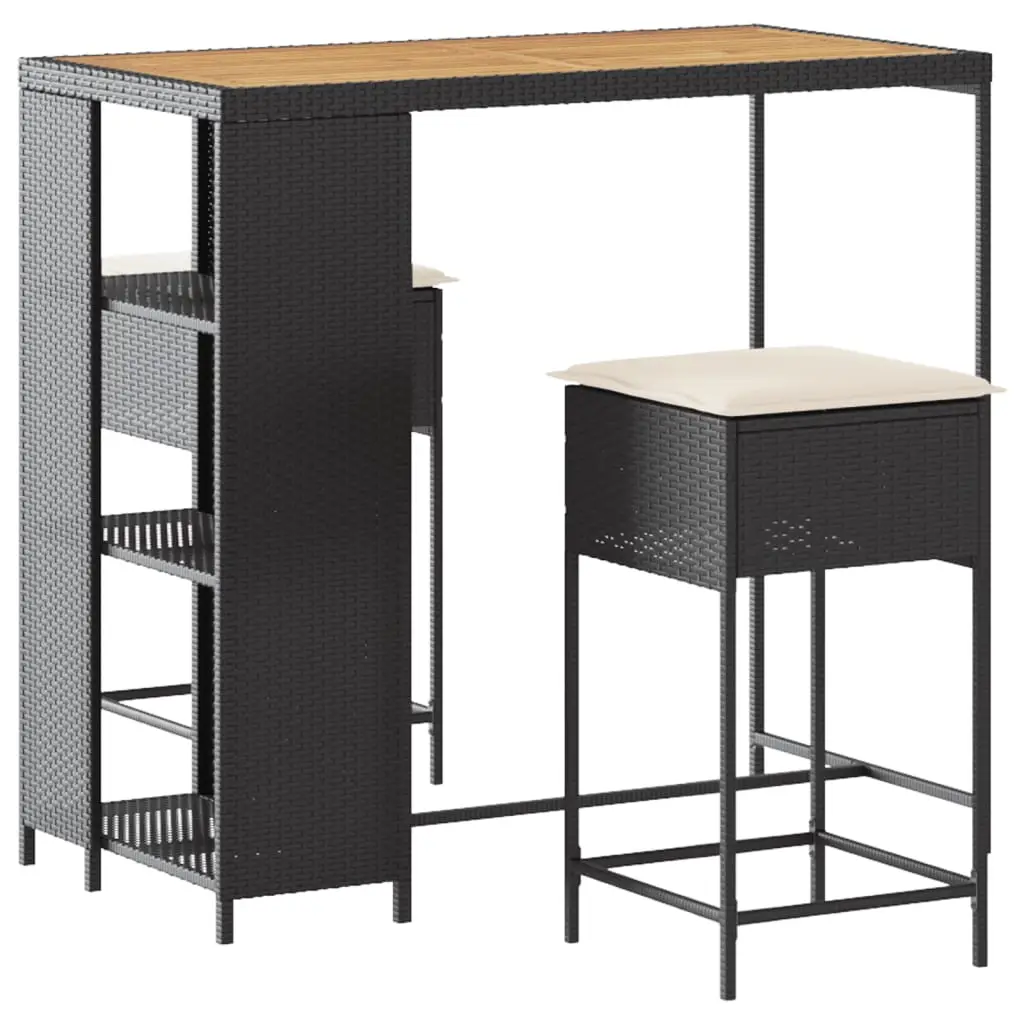 Ensemble de 3 pcs bar de jardin – Mobilier d’extérieur – Mobilier de jardin avec coussins noir poly rotin-JU2108
