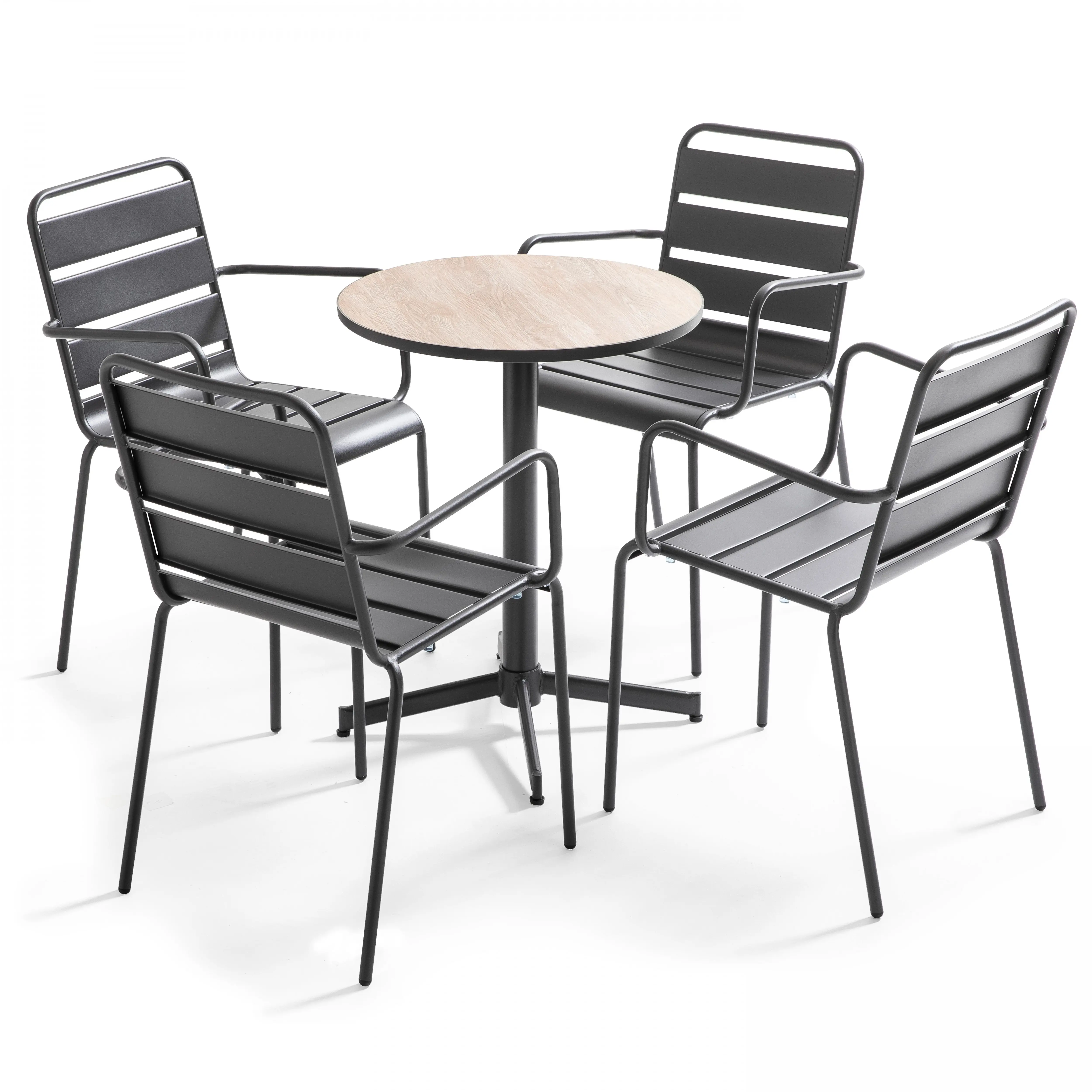 Ensemble de jardin table ronde et 4 fauteuils acier marron Tivoli – Oviala