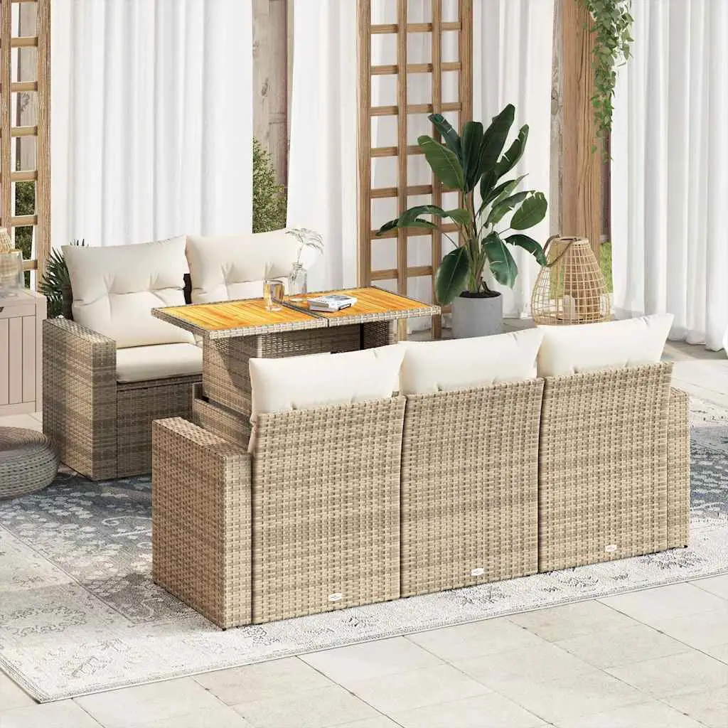 Ensemble de jardin 6 places beige résine tressée et bois avec accoudoirs et rangements – ComfortXL Outdoor Living