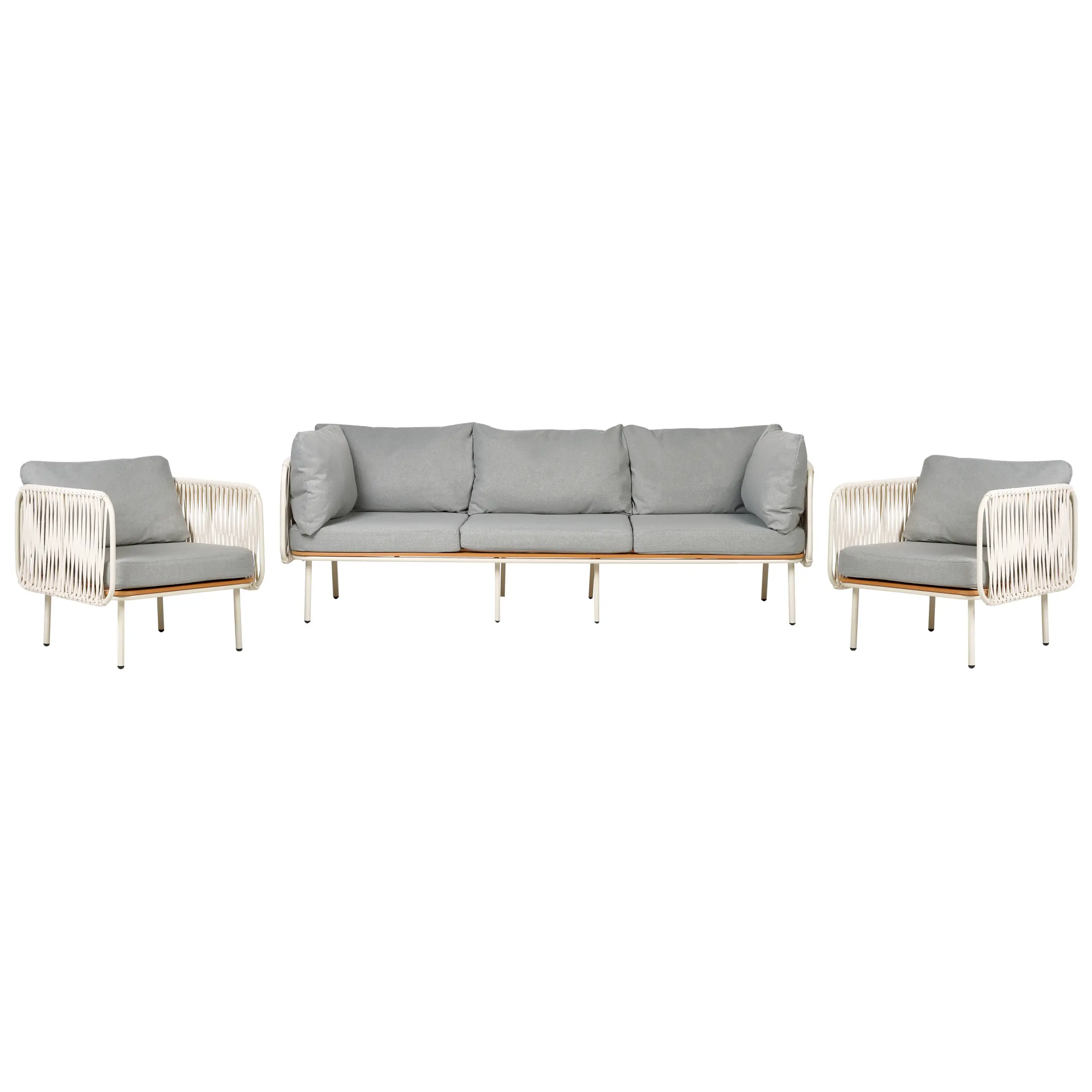 Ensemble de Jardin Coussins Gris en Tissu Structure en Métal Dossier en Tressage de Corde