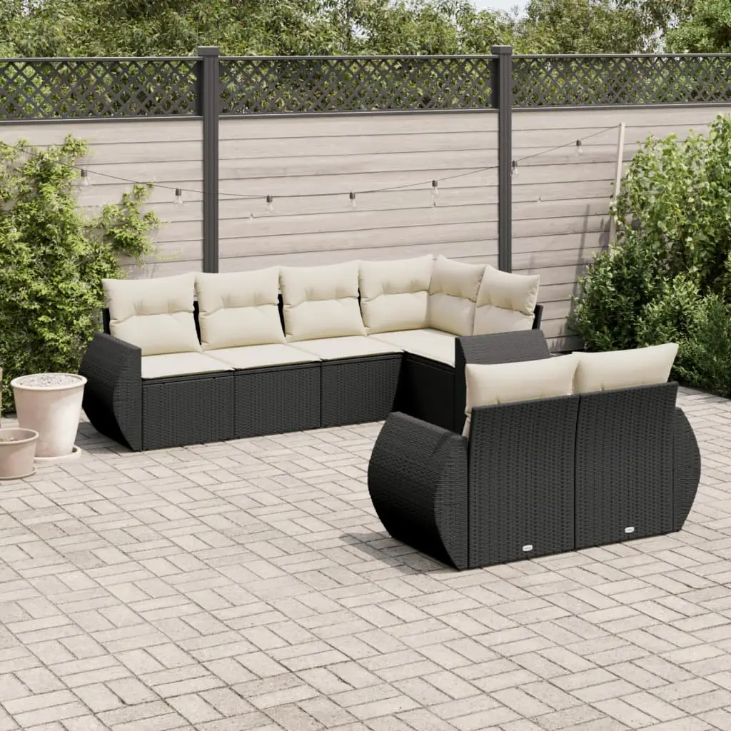 Ensemble Canapés de Jardin 7 Pièces Poly Rotin Modulable pour Extérieur Noir Coussins Crème – ComfortXL Outdoor Living
