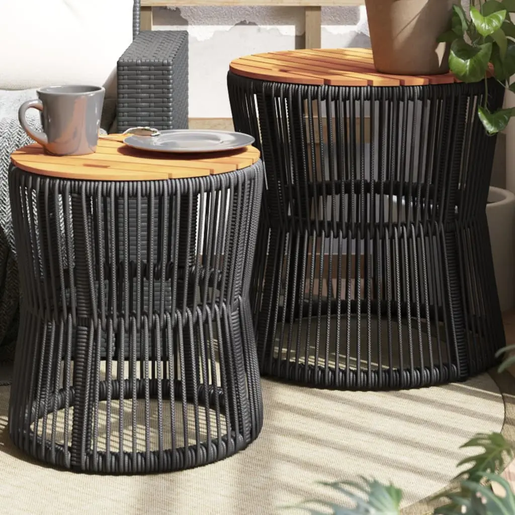 Ensemble de 2 Tables Basses Rondes Gigognes, Design Tressage Ligné Noir et Plateaux Bois – ComfortXL Outdoor Living