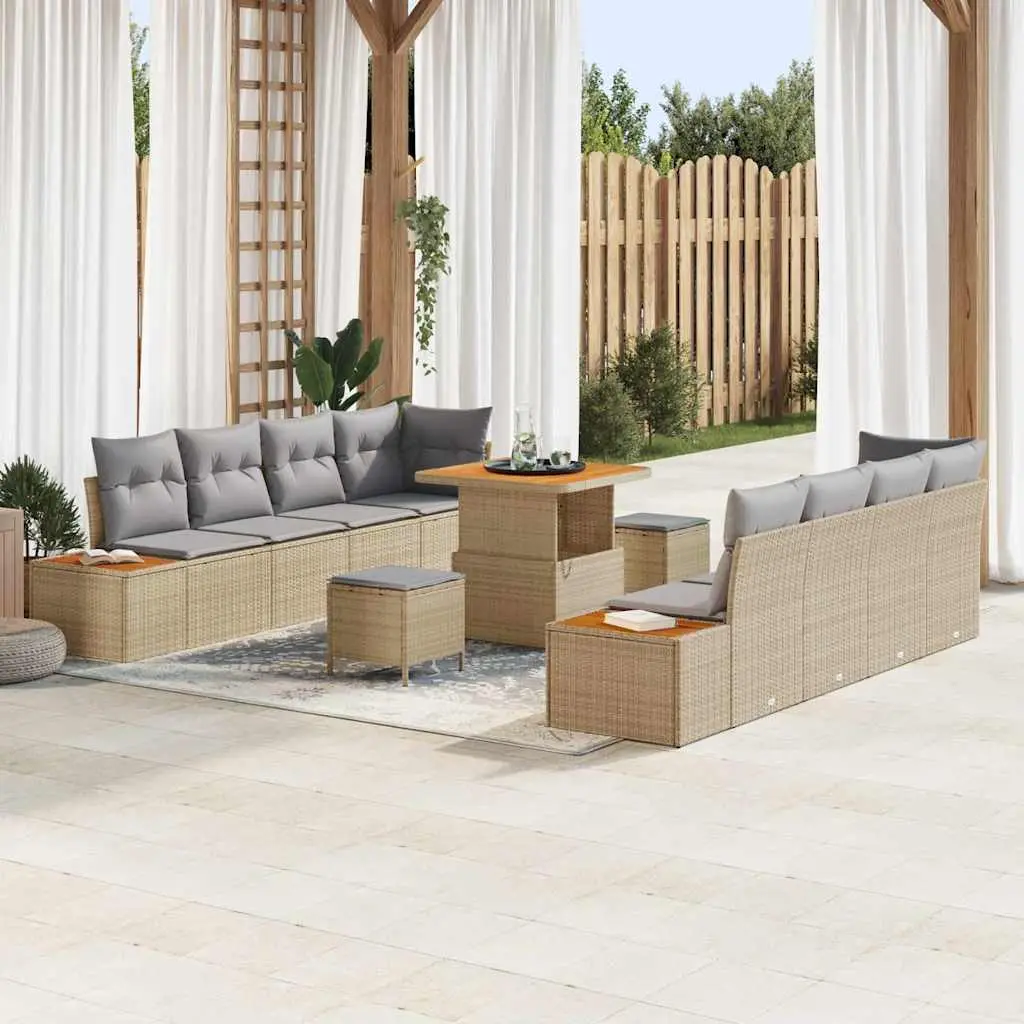 Ensemble de Jardin Modulable XXL 10 Places en Polyrotin Beige avec 2 Poufs et Table Acacia – ComfortXL Outdoor Living