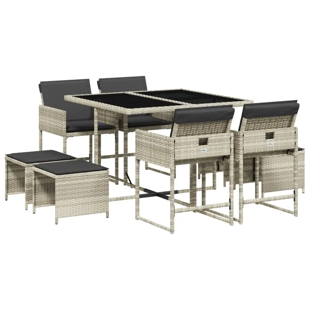 Ensemble de 9 pcs table de jardin et chaises avec coussins – mobilier de jardin gris clair rotin-JU2707