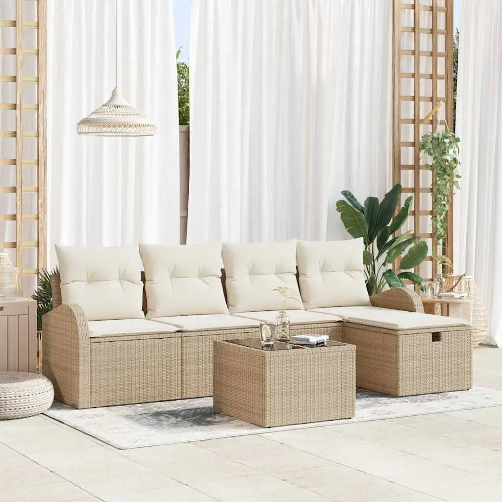 Ensemble de jardin 6 pièces Poly rotin Modulable avec Coussins et Rangement Beige – ComfortXL Outdoor Living