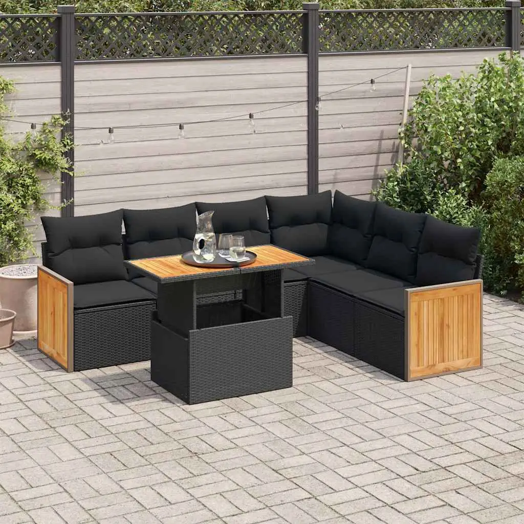 Ensemble de jardin 7 pièces noir en résine et acacia avec coffres de rangement pour terrasse – ComfortXL Outdoor Living