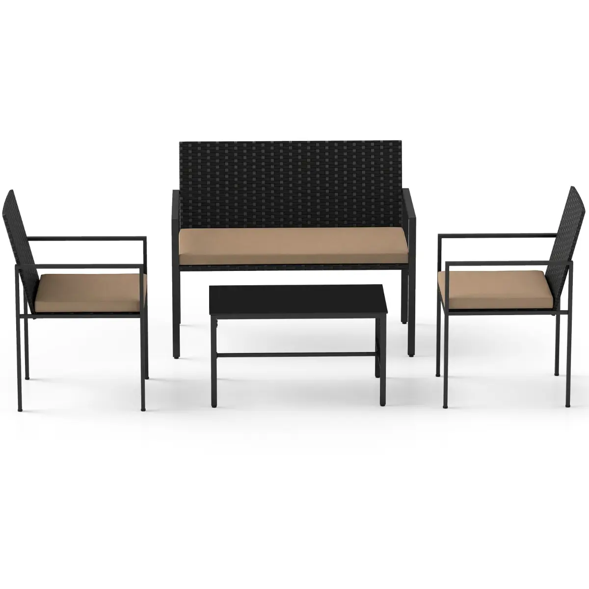 Ensemble de Mobilier de Jardin 4 Pièces Fauteuils et Canapé en Rotin Table Basse en Verre Coussins Café MAISON CHIC