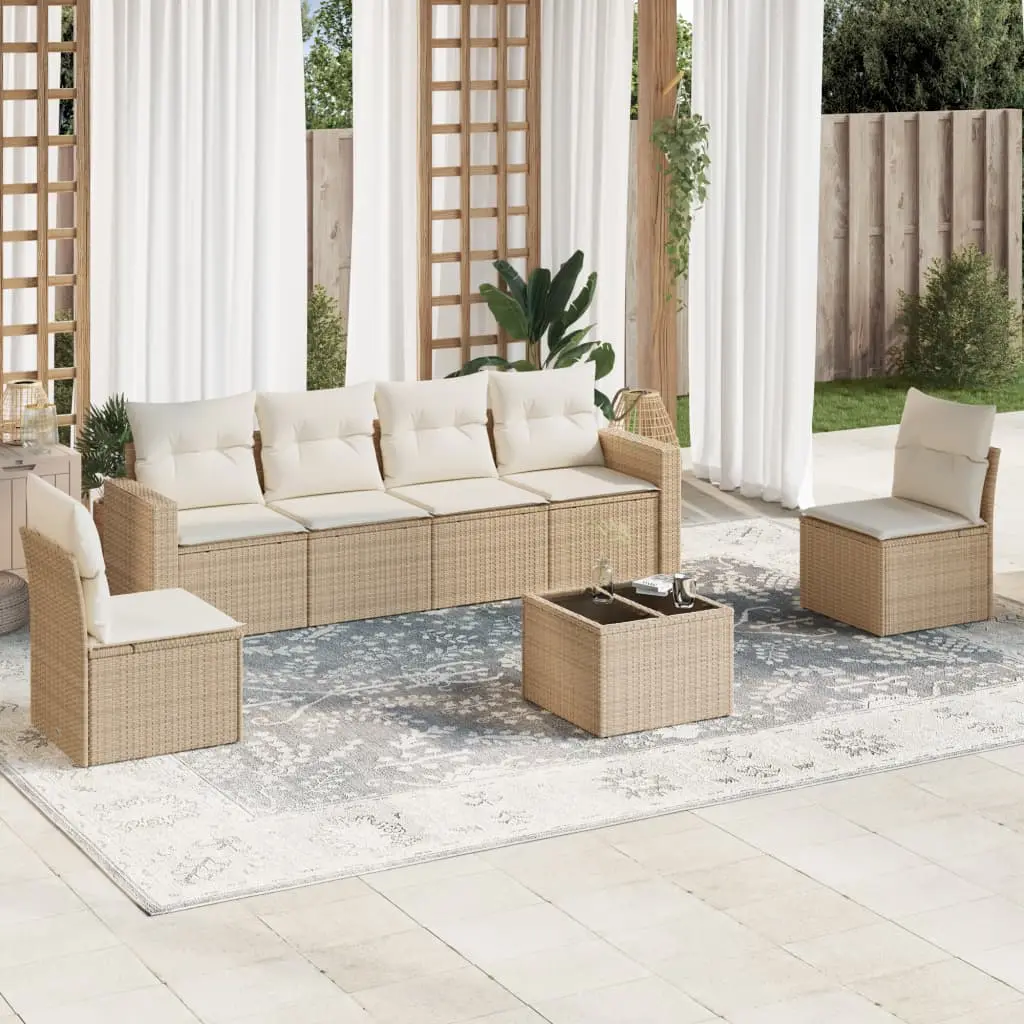 Ensemble de Jardin 7 Pièces 6 Places Résine Tressée Beige avec Rangement Intégré – ComfortXL Outdoor Living
