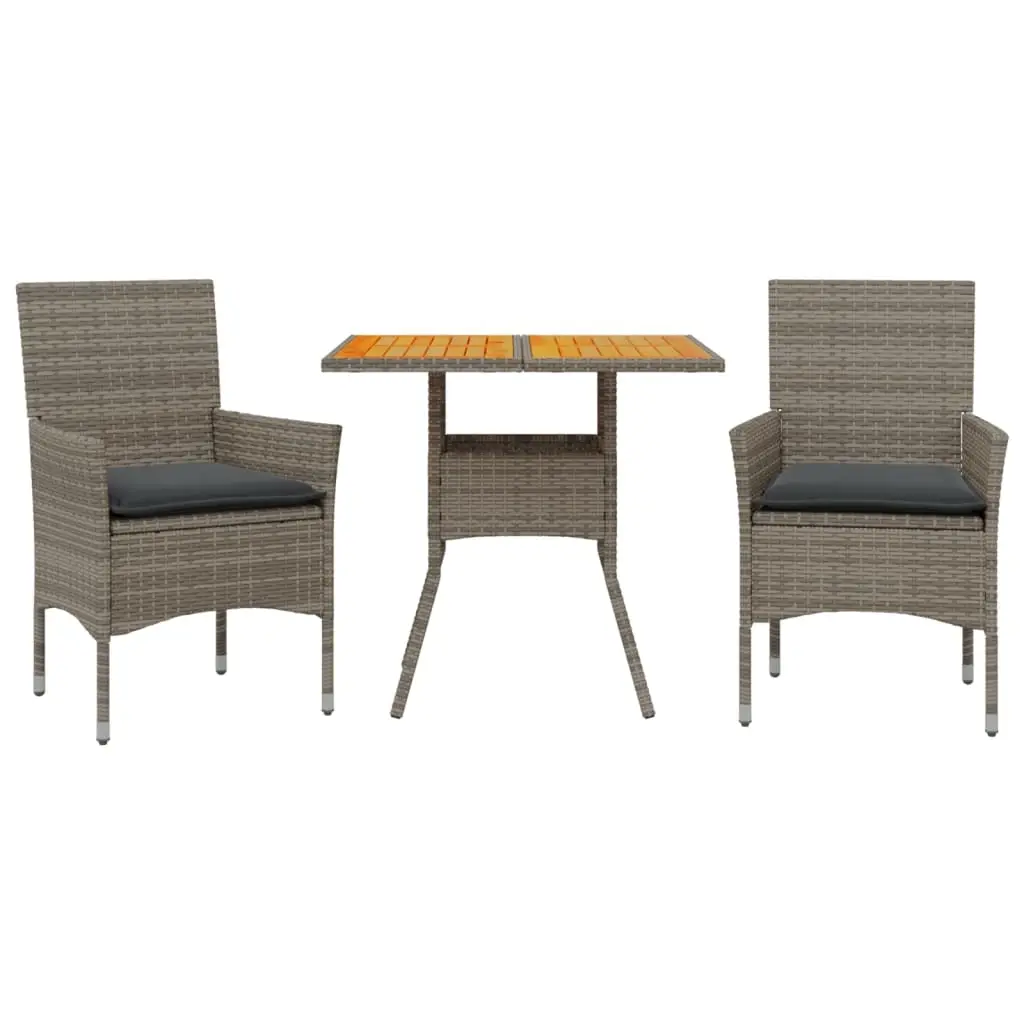 Ensemble de 3 pcs table de jardin et chaises avec coussins – mobilier de jardin gris rotin acacia-JU2693