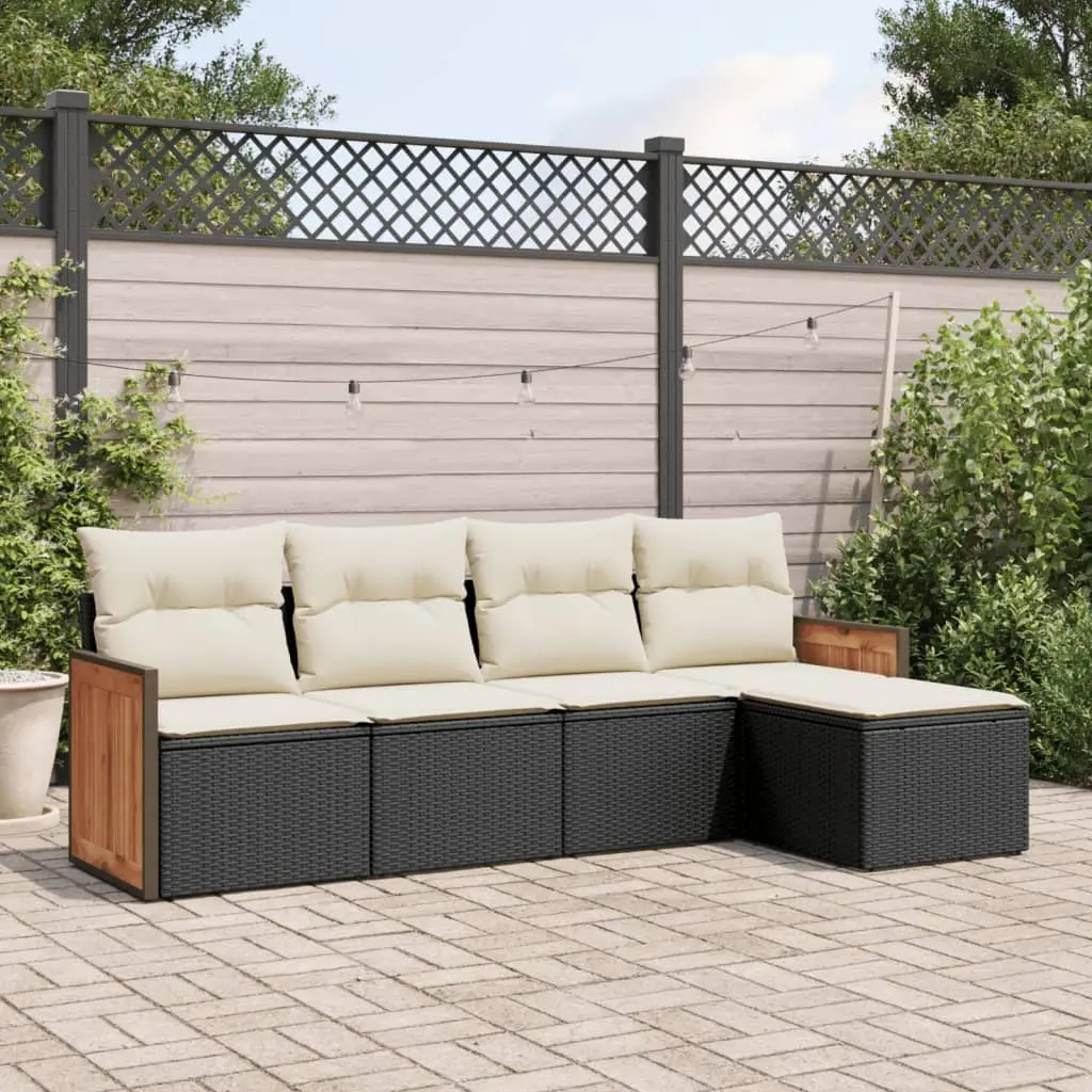 Ensemble Canapés 5 pcs Noir Résine Tressée avec Repose-Pied Coussins Crème et Rangement – ComfortXL Outdoor Living